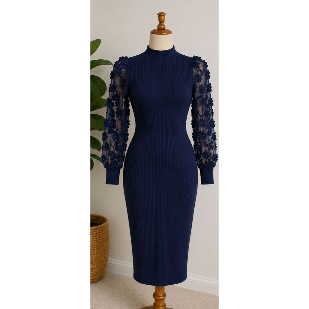Women's Navy Blue Ribbed Dress Floral Mesh Puff Sleeve Midi Dress